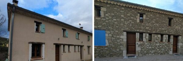 Avant après d'une création imitation pigeonnier en drôme provençale avec La Pierre d'Uzel. 
