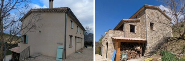 Avant après d'une imitation pierre de Saoû en drôme Provençale avec La Pierre d'Uzel. 